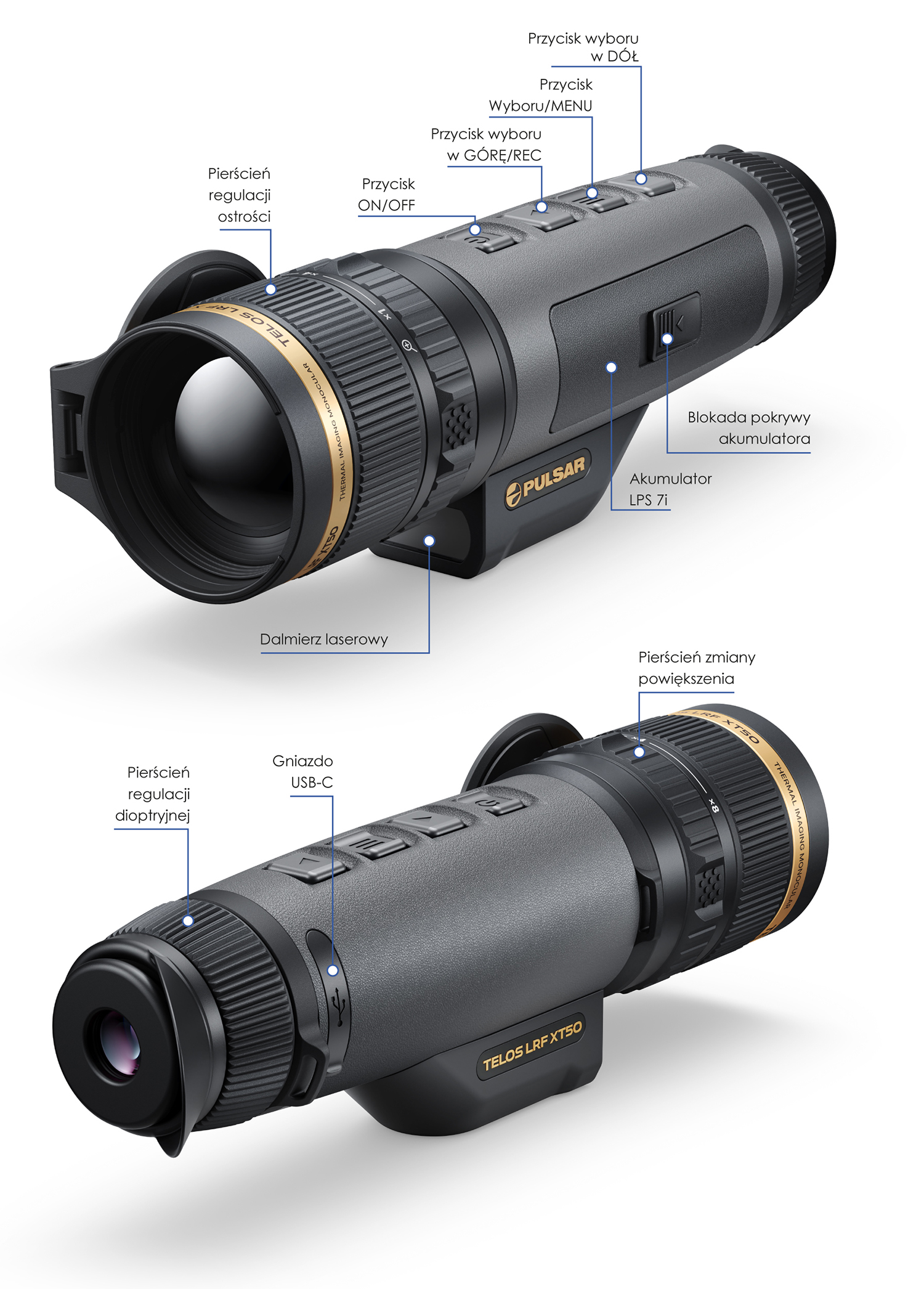 Budowa i przyciski termowizora Pulsar Telos LRF XT50